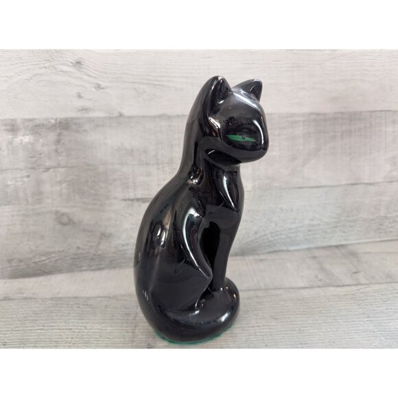 Vintage Black Ceramic Cat Figurine With Green Eyes - Picture 3 of 7